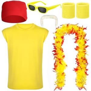 Cotwinter 6 Pcs Halloween Wrestler Costume Set Include Yellow Sleeveless T-shirt 6ft Feather Boa Mustache, Size L