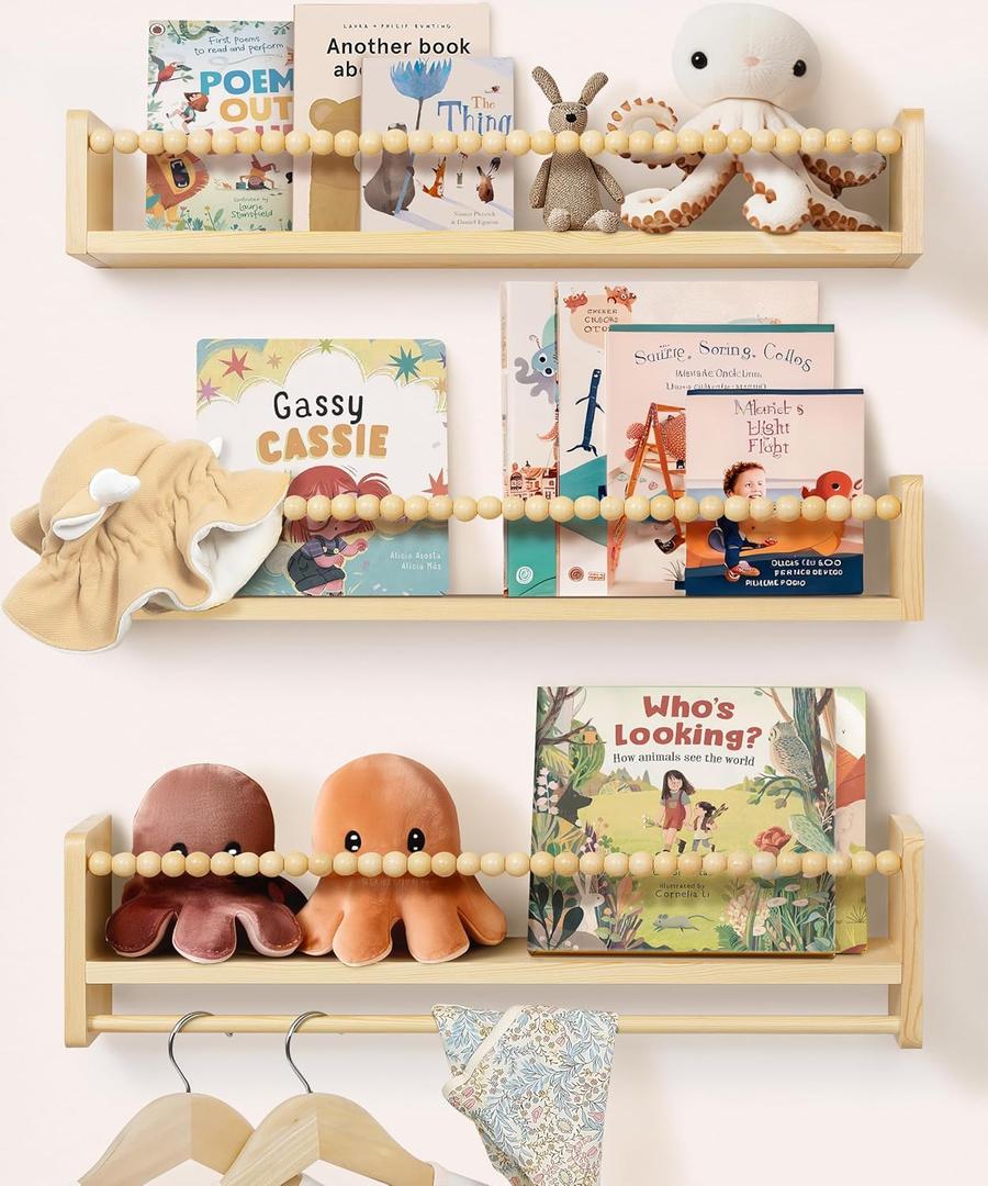 Nursery Book Shelves for Wall 24inch Set of 3, Natural Wood Bookshelf Wall Decor, Floating Shelf Organizer for Kids Room, Bedroom, Kitchen Spice Rack (24 inch)