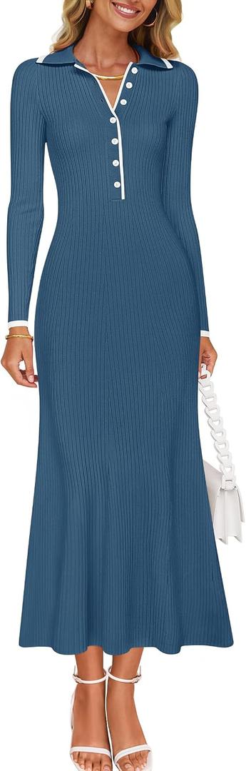 ZESICA Women's Long Sleeve Sweater Dress 2026 Fall V Neck Ribbed Knit Casual Formal Cocktail Bodycon Maxi Dresses, Large 