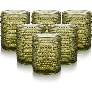 Hobnail Drinking Glasses Set of 6, 12 oz Vintage Glassware Set Cocktail Glass Set, Embossed Green Water Tumbler, for Beer, Whiskey, Juice and Various Mixed Drinks