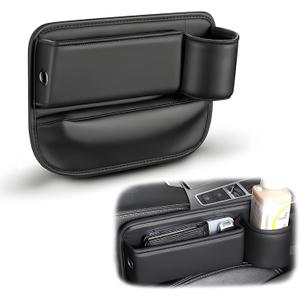 Car Seat Gap Filler Organizer, Universal Premium Leather Seat Organizer with Cup Holder, Seat Gap Storage Box with Bottle Holder, Car Leather Gap Bag Front Center Console Seat (Passenger Side)