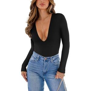 REORIA Women's Trendy Sexy Plunge Deep V Neck Long Sleeve Bodysuit Double Lined Going Out T Shirt Tops, Black, Size S