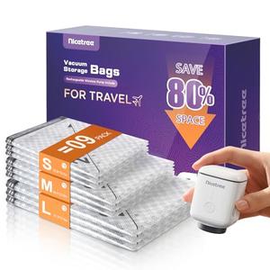 Nicetree 9-Pack Vacuum Storage Bags with Rechargeable Wireless Pump, 3 Sizes (20/24/28 Inch) Travel Vacuum Seal Bags for Clothing, Bedding & Seasonal Storage, Space Saver for Luggage