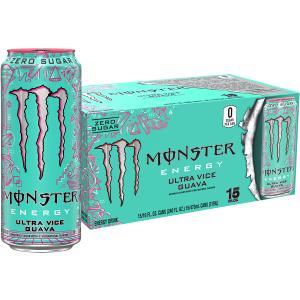 Monster Energy Ultra Vice Guava, Sugar Free Energy Drink, 16 Ounce (Pack of 15) (EXP 10/31/26)