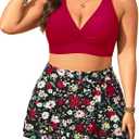 Women's Plus Size High Waisted Bikini - Two Piece Swimsuit with Skirt 2025 Tummy Control Bathing Suit with Pocket (Red and Floral) 18W
