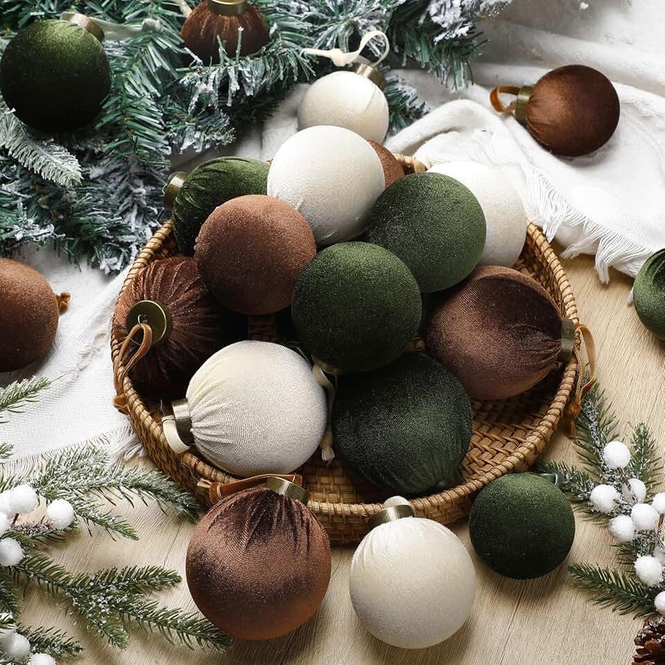 HyDren 24 Pcs Green Brown Velvet Christmas Ornaments Balls Bulk Flocked Christmas Tree Ornaments 3.15, 2.76, 2.36 Inch Shatterproof Hanging Xmas Tree Balls Decor for Xmas Decorations
