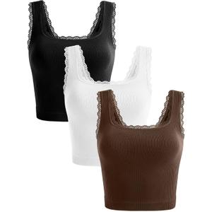 OLCHEE Womens 3 Pack Crop Tank Tops Basic Seamless Ribbed Sleeveless Square Neck Workout Top Summer Exercise Yoga Gym Shirts