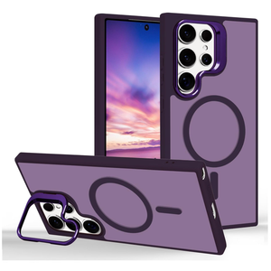 for Samsung Galaxy S24 Ultra Magnetic Case with Stand [Compatible with MagSafe] Built-in Camera Ring Holder Stash Kickstand Slim Matte Frosted Cover Anti-Fingerprint, Translucent Purple