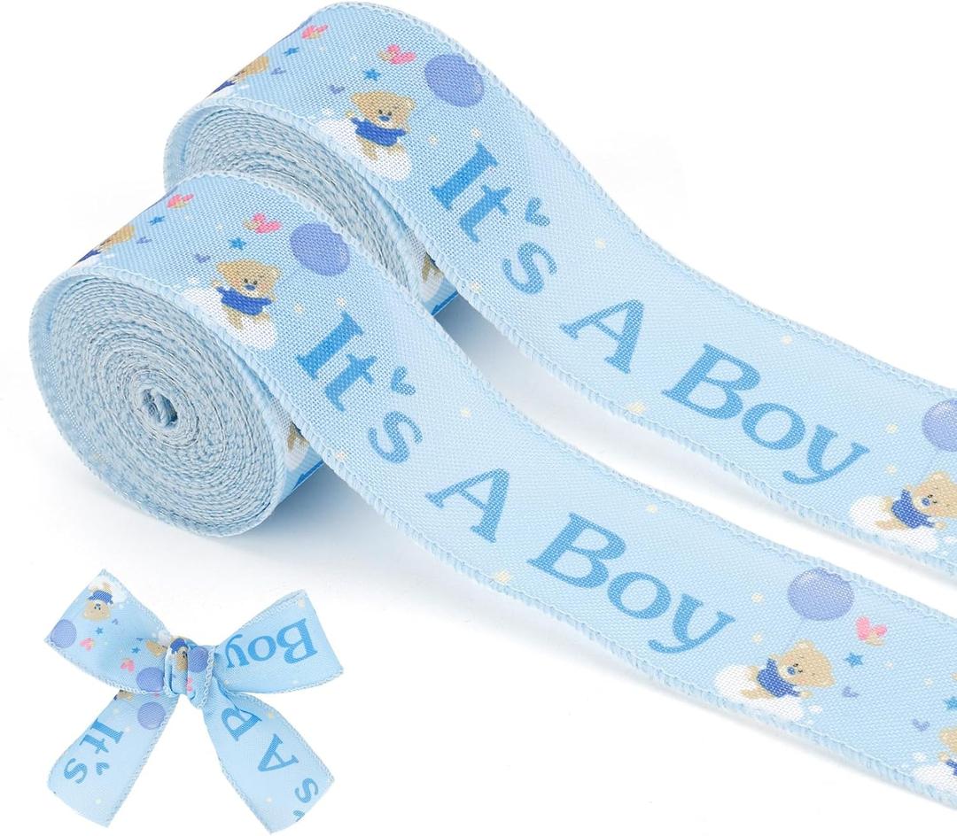 It's A Boy Ribbon for Baby Shower Decorations 1.5 Inch 10 Yards Baby Blue Wired Ribbon Blue Ribbons for Gift Wrapping DIY Craft Hair Bow Making Gender Reveal Party Diaper Cake Birthday Decor