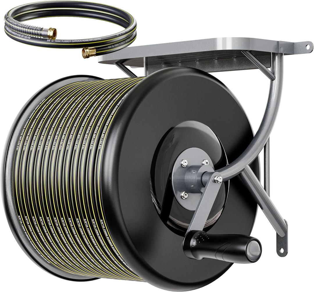 Heavy Duty Wall Mounted Garden Hose Reel Durable Steel Construction, Come with 130ft Rubber Garden Hose & 5ft Lead-in Hose, Brass Fittings, Easy Crank Handle, Weather Resistant