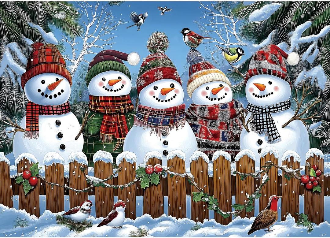 Winter Snowmen Christmas Jigsaw Puzzle 1000 Pieces for Adults Festive Holiday Scene with Birds & Snowy Fence Puzzle with Letters on Back Family Challenge Perfect for Game Night (27.6x19.7 Inch