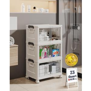 OlarHike 23QT Stackable Storage Bins with Lids - Folding Storage Box with Doors and Wheels, Collapsible Plastic Organizers for Closets and Organization, Bathroom, Drawers, Office, Gifts, 3 Pack