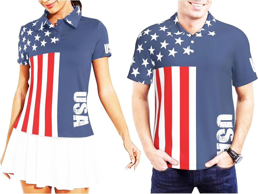Funny Couple Golf Shirts,Matching Hawaiian Golf Shirt for Couple,Moisture Wicking Couple Polo Shirt for Men Women (XX-Large, Usa Flag)