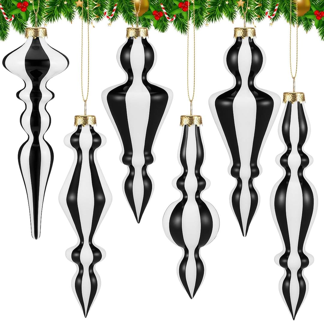 6 Pcs 6.3 Inches Mercury Glass Finial Christmas Ornaments Hanging Christmas Finials Glass Ornaments Assorted Mercury Decor for Vintage Holiday Xmas Tree Decoration(Black and White)