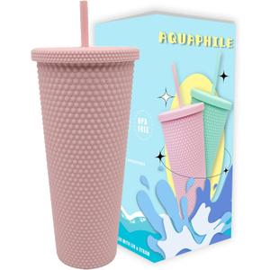 24Oz Matte Studded Tumbler with Reusable Straw and Leak Proof Lid Water Cup Travel Mug Coffee Ice Water Bottle Double Walled Insulated Tumbler BPA Free(Pink)