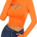Women's Stretch Cutout Tee Long Sleeve Turtleneck Crop Top T Shirts (Medium, Orange)