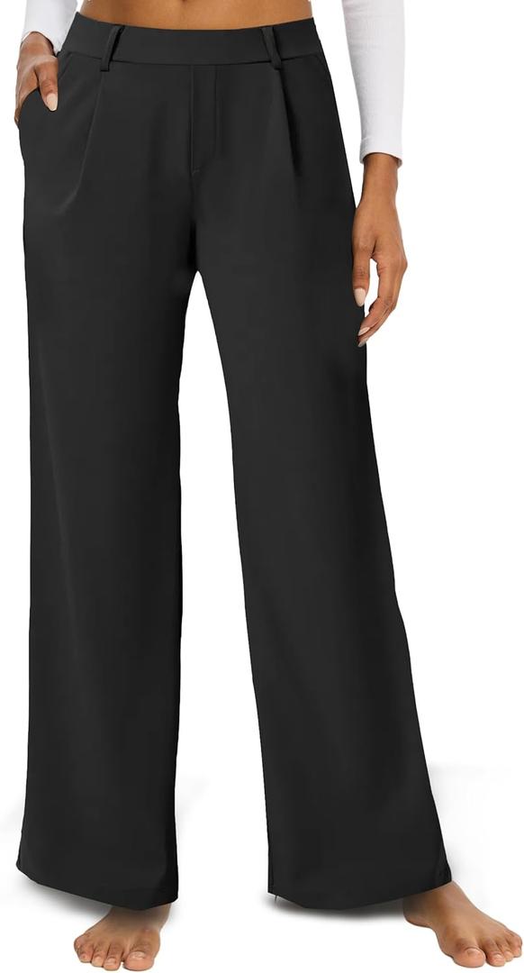 Rheane Wide Leg Pants Woman Black Yoga Pants with Pockets Petite High Waisted Dress Pants Fall (Black 27.5" S)