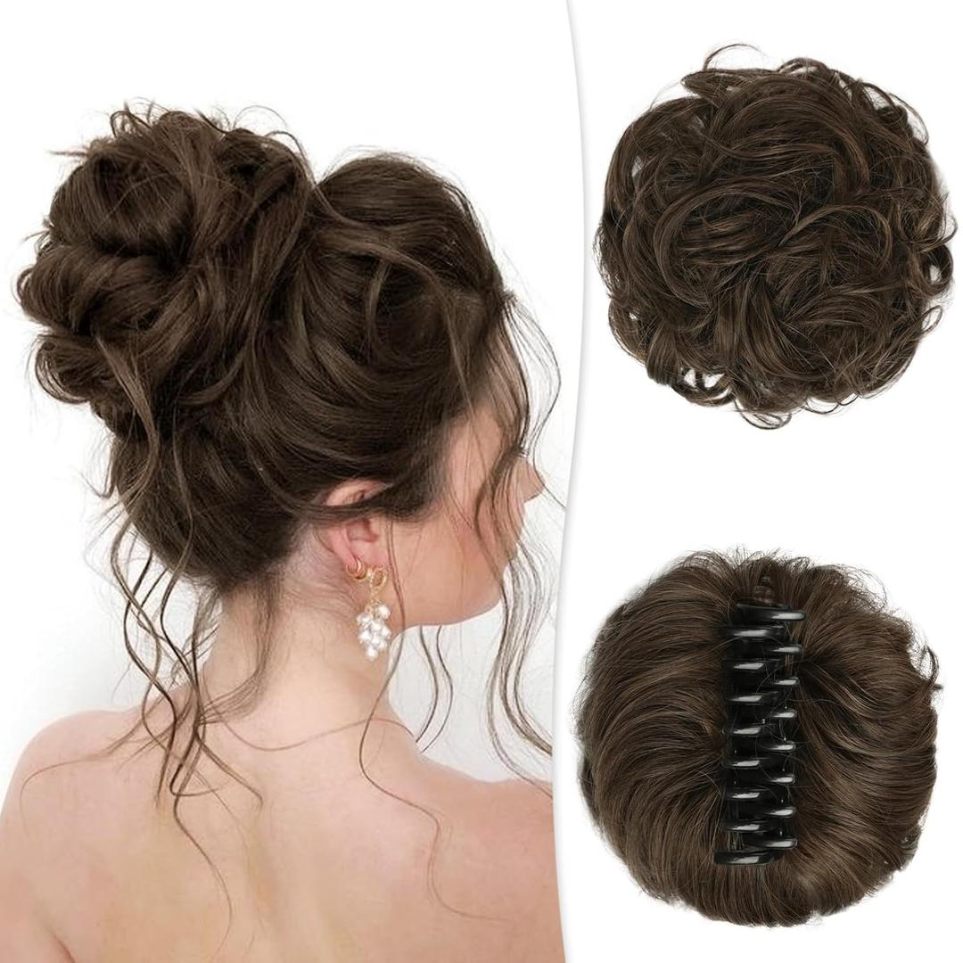 RUWISS Claw Clip Messy Bun Hair Piece Real Human Hair Buns Wavy Curly Chignon Hair Bun Extensions Tousled Updo Hair Buns Claw Clip Ponytail Hairpieces (6/0#Brown)