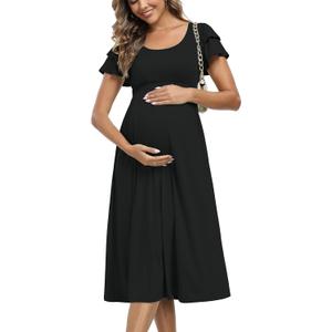 Summe Ruffle Short Sleeve Maternity Dress High Waisted Midi Baby Shower Dresses (XX-Large, Black)