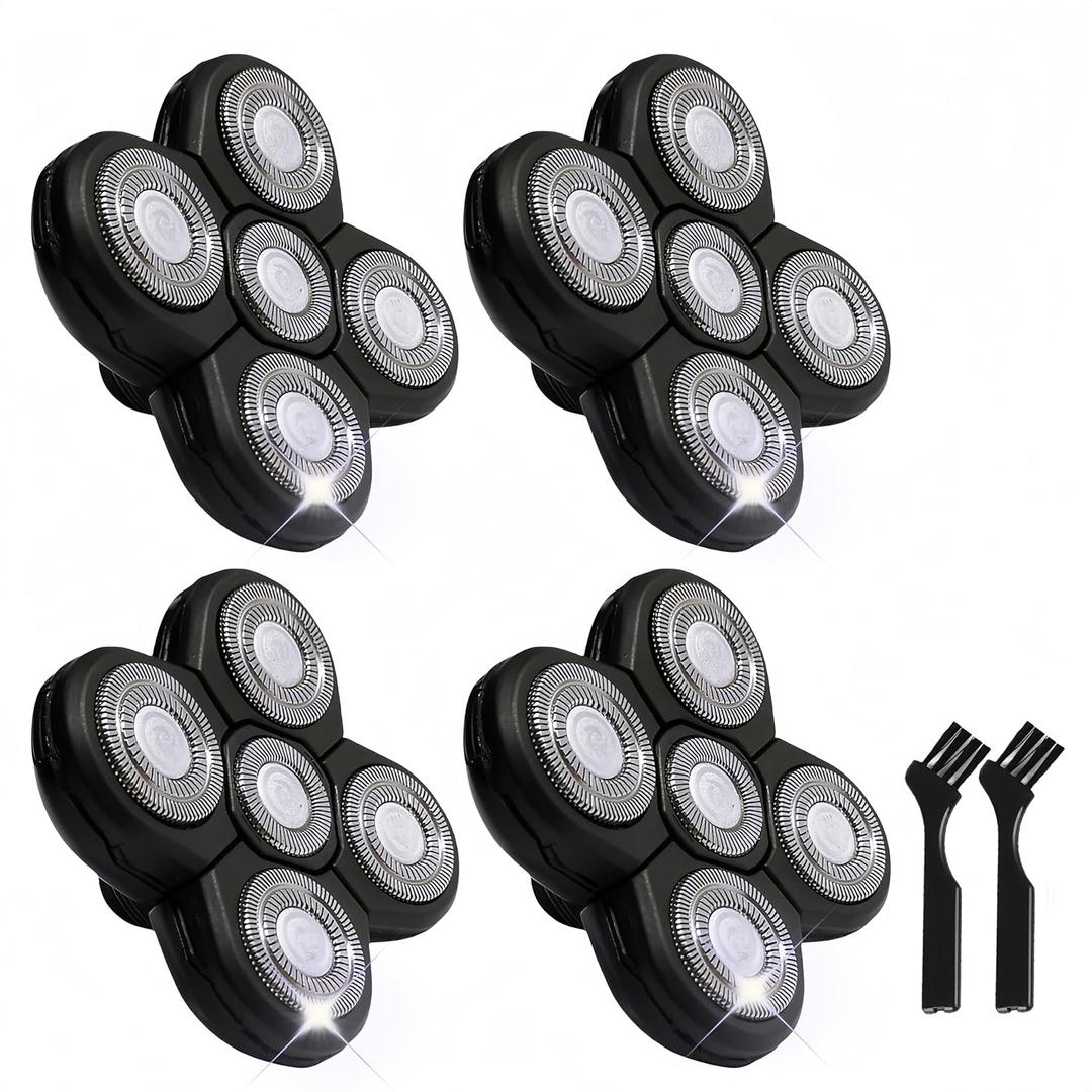 4PCS Shaver Replacement Blades for Head Shaver, 5 Blades Shaver Heads for Bald Men, Head and Face Electric Razor Shaver Heads, 2 Cleaning Brush