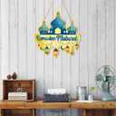 LHIEUM 11in Vintage Ramadan Mubarak Decoration Eid Mubarak Lights Hanging Sign Moon Stars Islamic Ramadan Wreath Front Door Ramadan Castle Crafts Muslim Symbol Wood Decor for Living Room Prayer Room