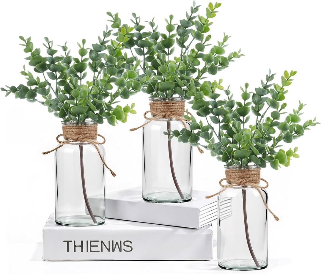 3 Glass Bud Vases 6.5 H, Mason Jars with 1 Fake Eucalyptus Centerpiece Vases with Hemp Rope for Weddings Parties Farmhouse Decor
