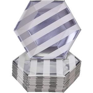 White/Silver Striped Disposable Dinner Plates - 10.25" (Pack of 24) - Heavyweight Paper Construction - Elegant Design for Weddings, Parties & Special Occasions