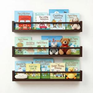 Set of 3 Kids Floating Bookshelves Deep Walnut 24 Inch Wall Mounted Nursery Book Shelves with Safety Rail Ideal Storage & Display Shelf for Nursery, Bedroom, and Playroom