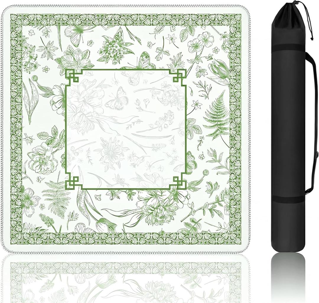 Mahjong Mat for Table with Carrying Bag, 31.5" x 31.5", Rubber, Anti-Slip Noise Reduction, Grass and Floral Design, for Mahjong, Card and Board Games (Pale Green)