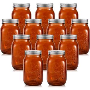 Tessco for you 12 Pcs Amber Bulk Mason Jars 16oz with Lids Glass Pint Canning Containers Regular Mouth for Food Storage, Wedding, DIY Crafts, Table Centerpieces