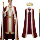 King Costume for Men and Women, Queen Costume,Adult King Cape Robe Metal Crown Scepter, Lord Farquaad Costumes, M