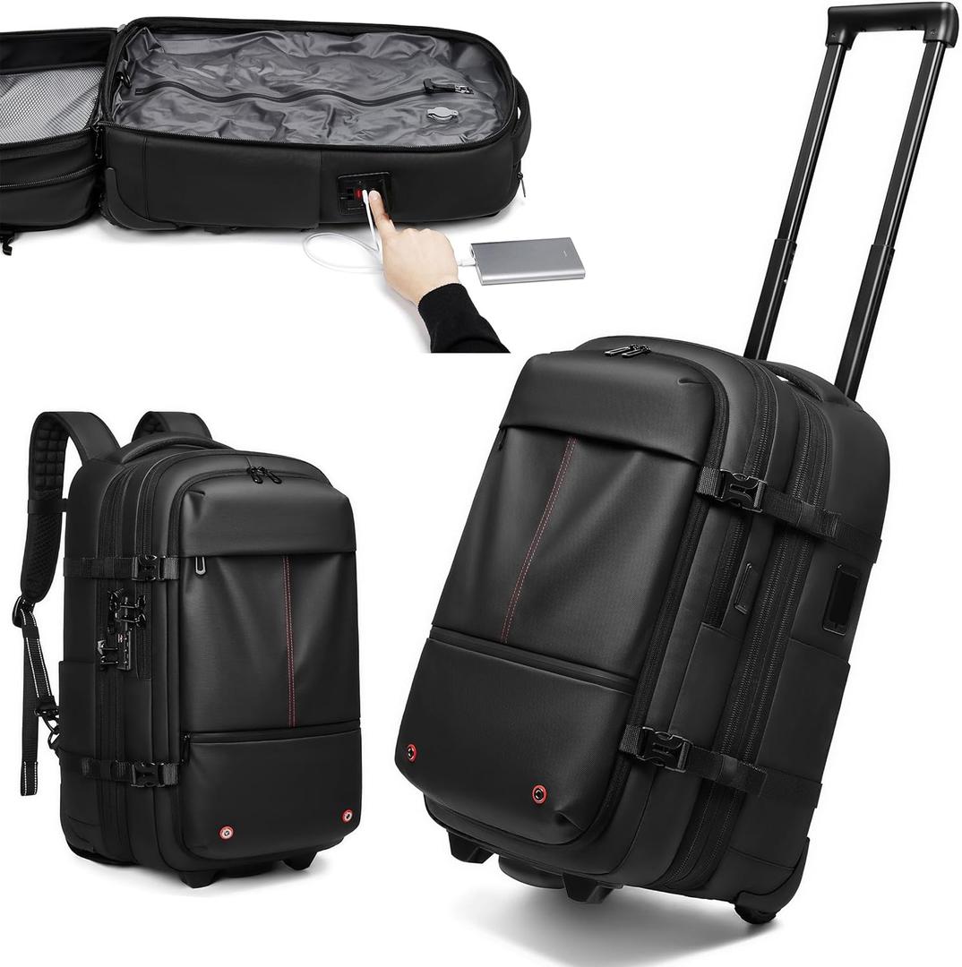 Vacuum Rolling Backpack Travel with One-Click Compression, Airline Approved Carry On Luggage with TSA Lock, 17 Inch Roller Suitcase Laptop Bag with USB Charging Port for Business Trips,Outdoor