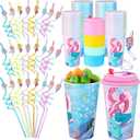 Maxcheck 24 Sets 16 oz Mermaid Cups Birthday Party Favors with Colorful Lids and Straws for Birthday Decorations Rainbow Plastic Cups Reusable Plastic Straws for Party