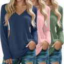Huukeay 3 Pack Women's Long Sleeve Nursing Tops, Breastfeeding Hidden Zippers Shirts V Neck Maternity Pregnancy Tees Clothes (Size L)