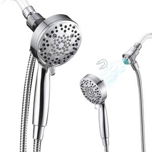 PDPBath High Pressure 6-Setting Handheld Shower Head, Magnetic Shower Head with Handheld Spray, Removable Shower Head with Magnetic Guidance Docking System, 60'' Stainless Steel Hose, Chrome