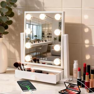 Vanity Mirror with Lights with Drawer, Type-C and USB Charging Port, Hollywood Makeup Mirror with 9 LED Bulbs, 3 Colors Dimmable, Touch Control, Detachable 5X Magnification, Gifts for Women