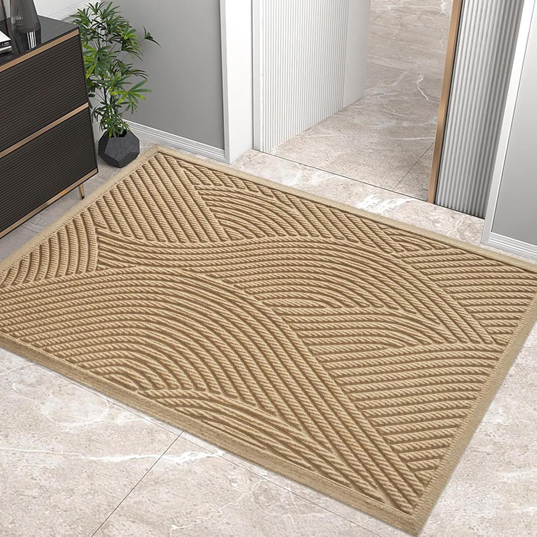 Sturdy Front Door Mat, Absorbent Muddy Dirt Resist Welcome Door Mats Outdoor Indoor, Stain and Fade Resistant, Non-Slip Backing Entry Mat Low Profile Doormat for Entryway, 7224, Beige (2' x 6' (Rectangular))