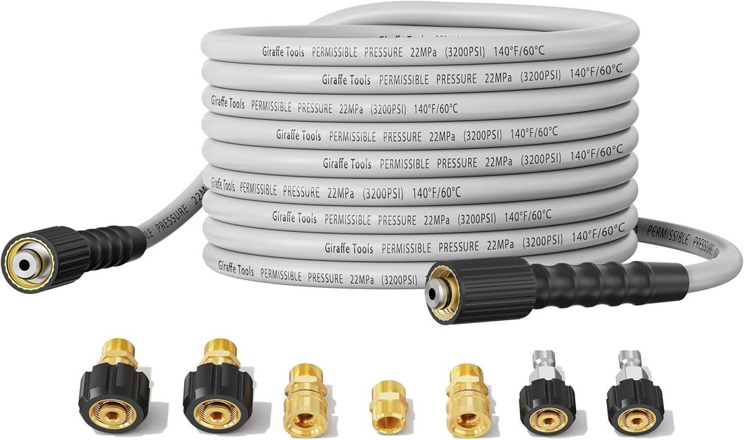Giraffe Tools Pressure Washer Hose 50FT X 1/4", 3200 PSI Pressure Washing Hose, Kink Resistant, Heavy Duty Power Washer Hose, M22 to 3/8" Quick Connect Couplers for Replacement, 7 Accessories