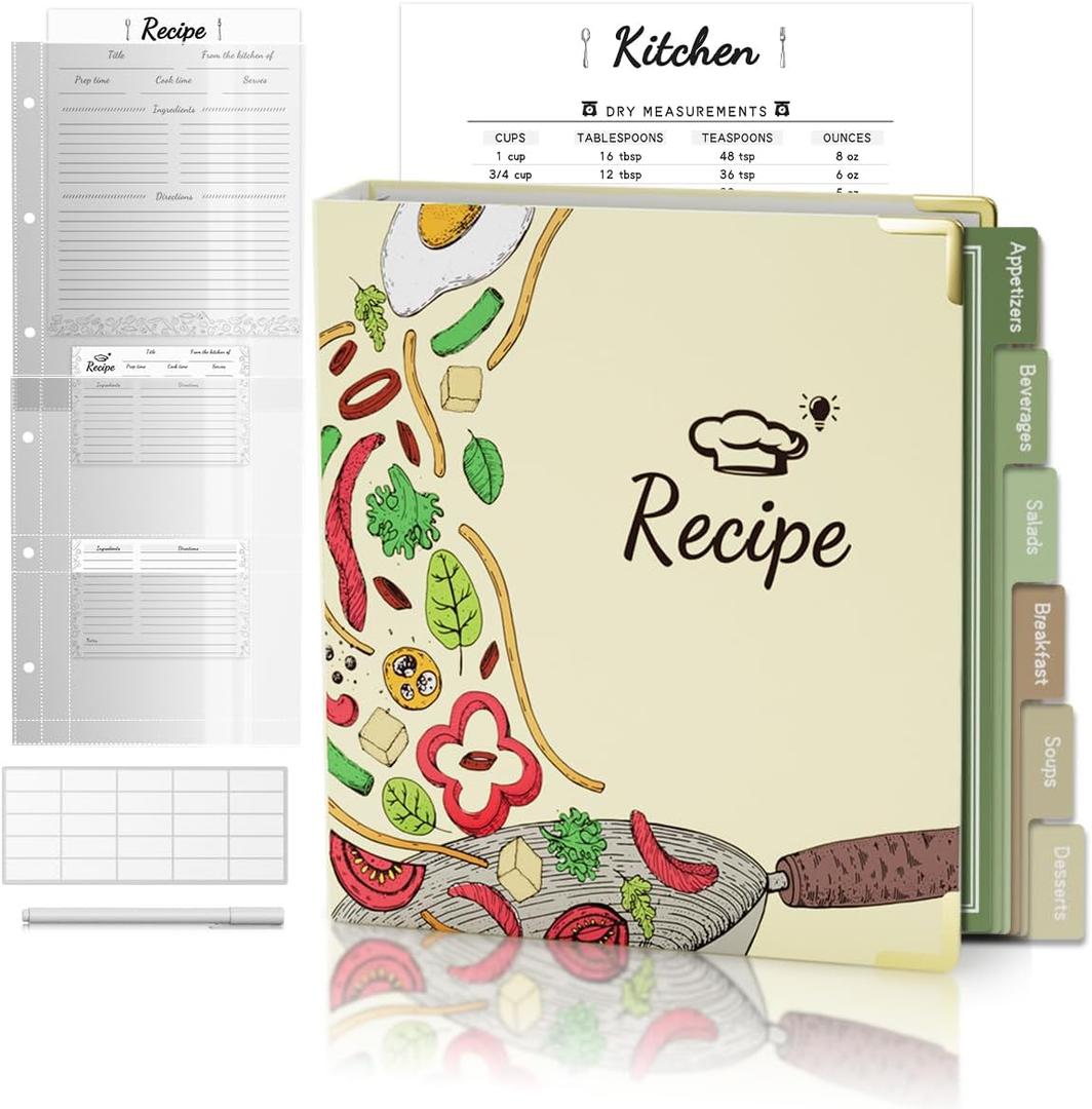 Recipe Binder 8.5x11, Recipe Book Binder with 50 Blank Recipe Cards & 12 Dividers & Plastic Sleeves & Labels & Stickers, Waterproof Recipe Binder, Recipe Book to Write in Your Own Recipes