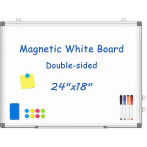 WALGLASS Double-Sided White Board, 24" x 18" Dry Erase Board Magnetic Whiteboard for Wall, Hanging Mounted Whiteboard Silver Aluminium Frame for Home, School, Office, Kitchen
