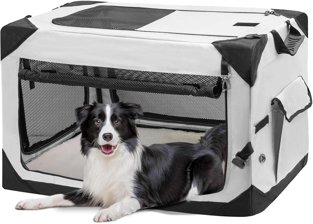 36" Collapsible Soft Dog Crate, Portable Travel Dog Crate for Large Dogs Indoor & Outdoor, 4-Door Foldable Dog Kennel with Safety Zippers, Mesh Windows, Soft Mat for Travel or Home Use