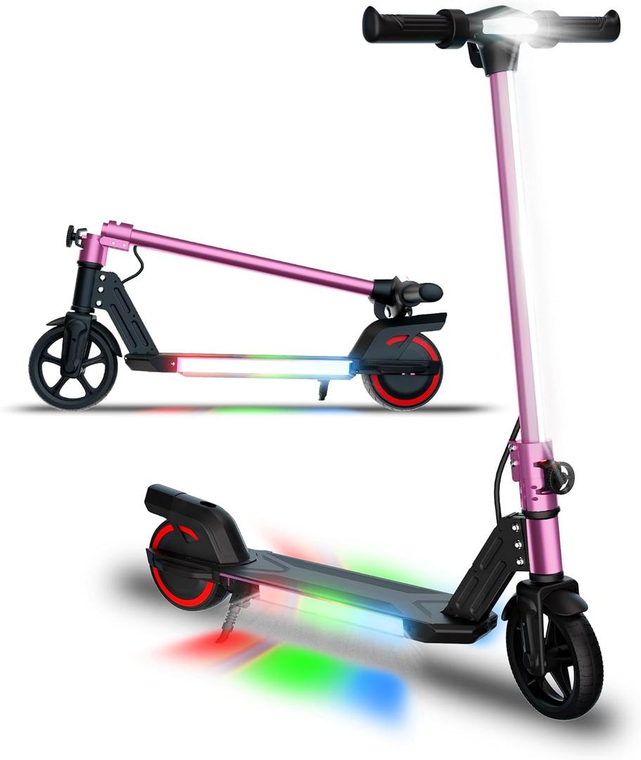 WEELMOTION Pink Foldable Electric Scooter for Kids, Bright Front Bar Lights, LED Head Lights, Shining Lights on Pedal, Big LED Display, Dual Brakes 150W Motor Kids Electric Scooter, UL2272 Certified