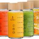 10oz Juice Bottles - 4 Pack Wide Mouth Glass Bottles with Lids- BPA Free, Bamboo Lids for Juicing, Smoothies, Infused Water, Beverage Storage - Leakproof, Borosilicate, Clear