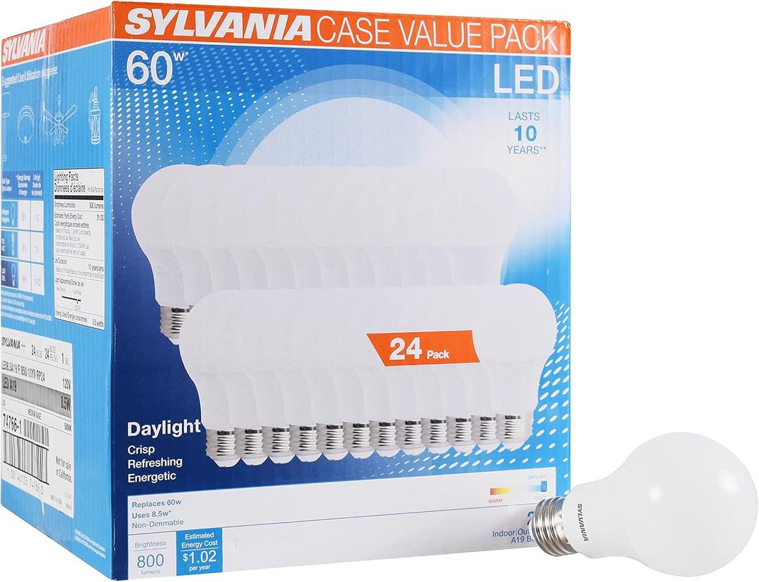 Sylvania LED A19 Light Bulb, 60W Equivalent, Efficient 8.5, 10 Year, W, 5000K, 800 Lumens, Frosted, Daylight (74766) (Pack of 1, 24 Count Total)