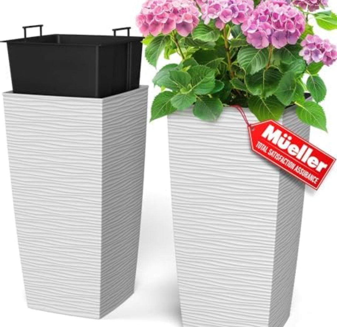 Mueller M-Resin Heavy Duty Tall Planters for Outdoor Plants, Indoor Grande Plant Pots, Boxes, Trees, Flower Pots, 2-Piece Set, 24”, Modern Design, Built-in Drainage, Front Porch Decor, White
