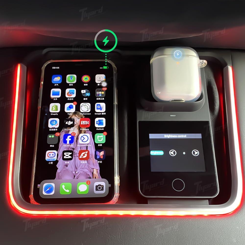 Wireless Charger for Tesla with Ambient Lighting, Headphone Charging Pad Atmosphere LED for Tesla, Car Center Console Interior for Model 3 2021-2023 & Model Y 2021-2024