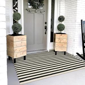 OJIA Outdoor Rug 3'x5', Front Door Mat Outdoor Entrance Machine Washable Rugs Cotton Hand Woven Striped Entryway Rugs Indoor Door Mat Black and Cream White Area Rug for Porch/Backyard/Outside Decor