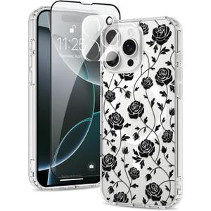 Magnetic for iPhone 16 Pro Case [Compatible with MagSafe][with Screen + Camera Protector] Clear Rose Floral Flower Pattern Design, Slim Shockproof Phone Cover for Women Girls