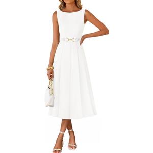 ZESICA Women Summer Sleeveless Midi Dresses 2026 Elegant Boat Neck A Line Tie Waist Spring Cocktail Party Dress Large