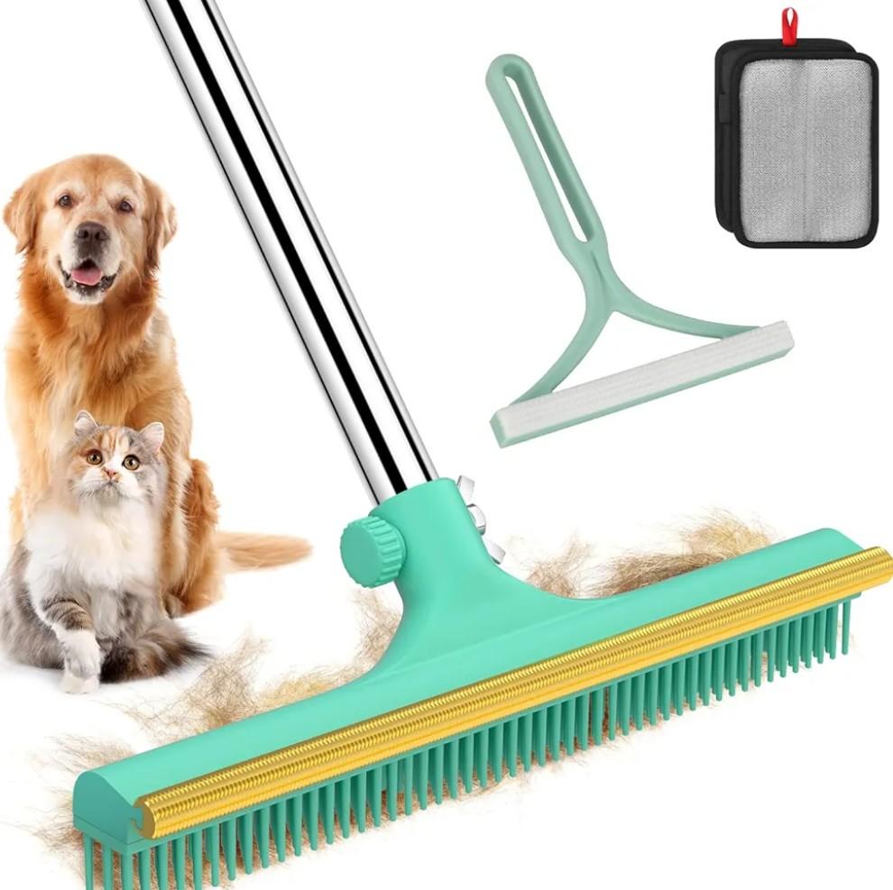 Carpet Rake for Pet Hair Removal - 60" Adjustable Long Handle Carpet Rake, 3 in 1 Reusable Pet Hair Removal Tool Kit, Cat Dog Fur Rakes Scraper Carpet Broom for Carpets, Rugs, Mats
